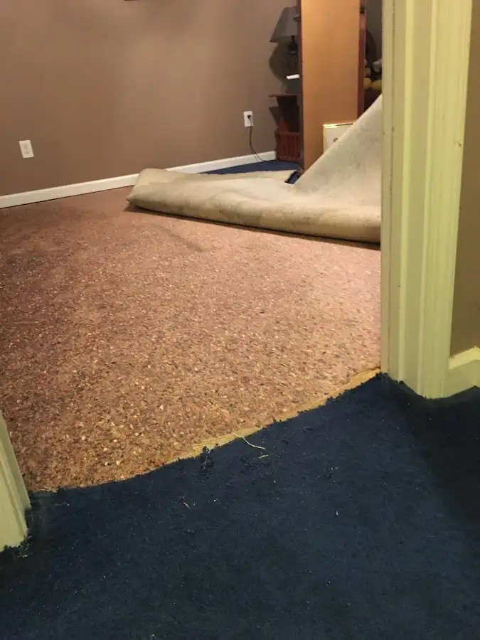 Carpet pad removal revealing water damage during Drying & Dehumidification in New Hyde Park